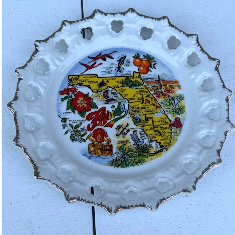 Vintage Florida Souvenir Plate Pierced Lattice Edge Gold Trim Map 7.5 Inch Korea